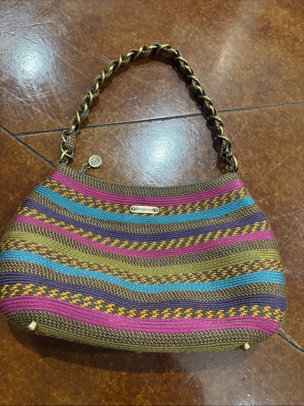 Eric Javits Multicolor Striped Woven Shoulder Bag with Gold-Tone Chain
